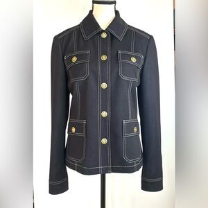 Vintage Navy Blazer Reverse Stitch Gold Tone Buttons Silky Mint Green Lining EUC